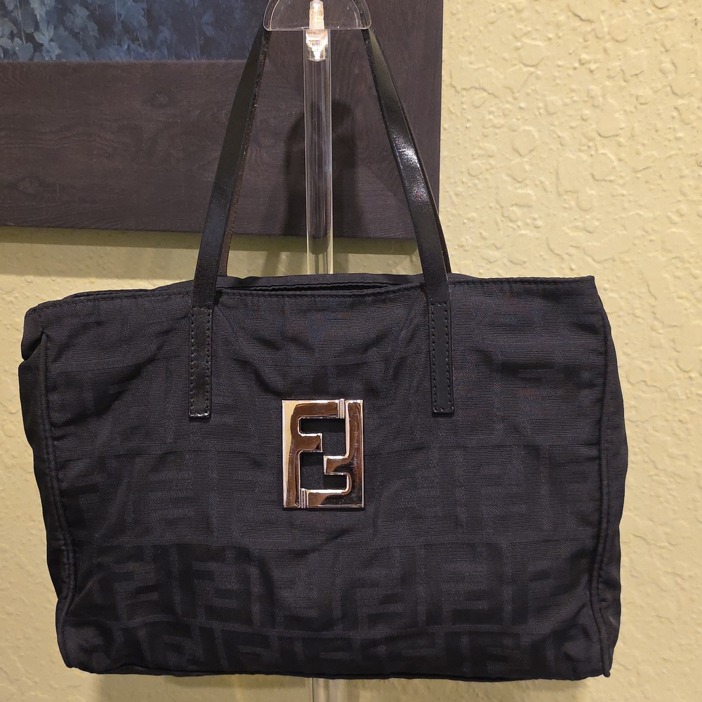Fendi Black Jacquard Tote with Silver Logo Plaque